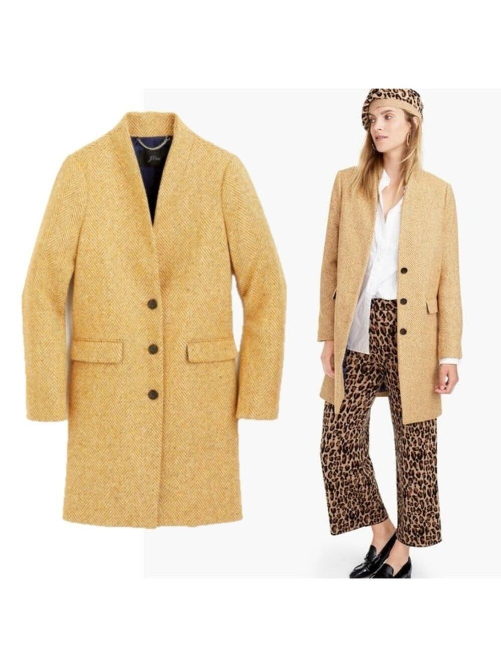 J. Crew Mustard Yellow English herringbone wool Pea Coat button front Sz 2